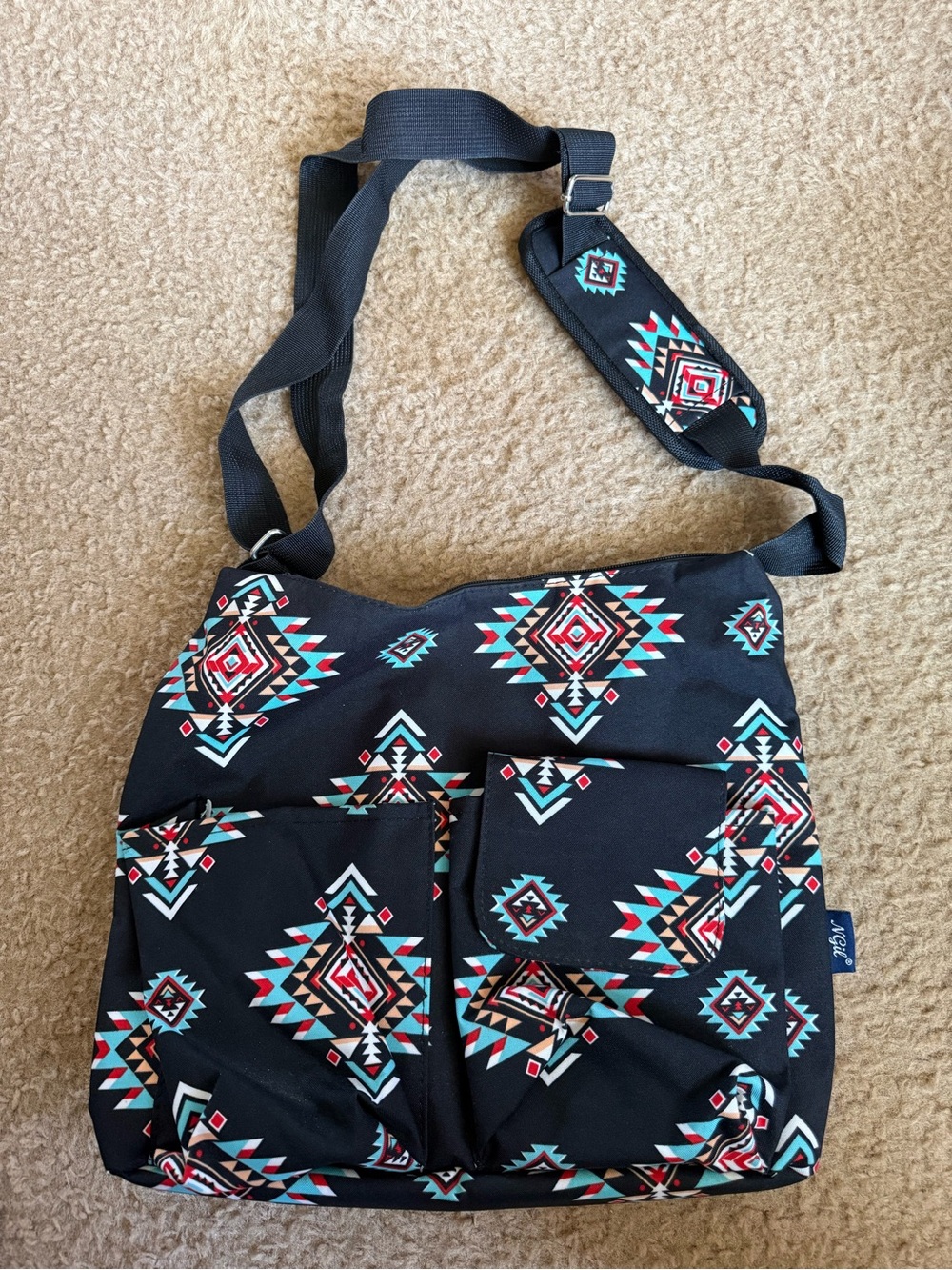 Geometric Pattern Black Shoulder Bag with Adjustable Strap